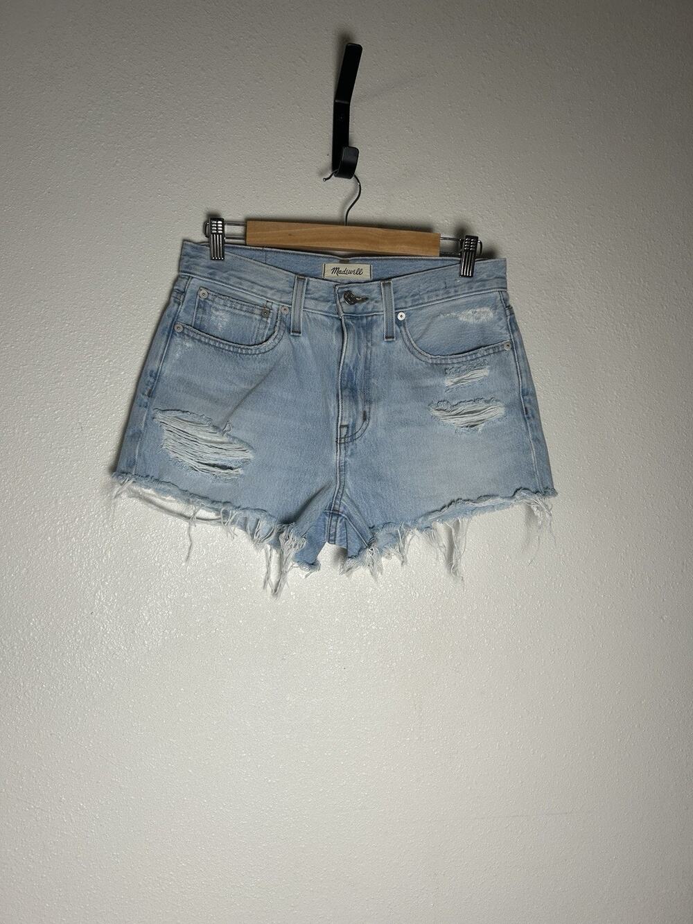 Madewell Women's High Rise Denim Shorts Distressed Raw Hem Stretch Light Wash 27